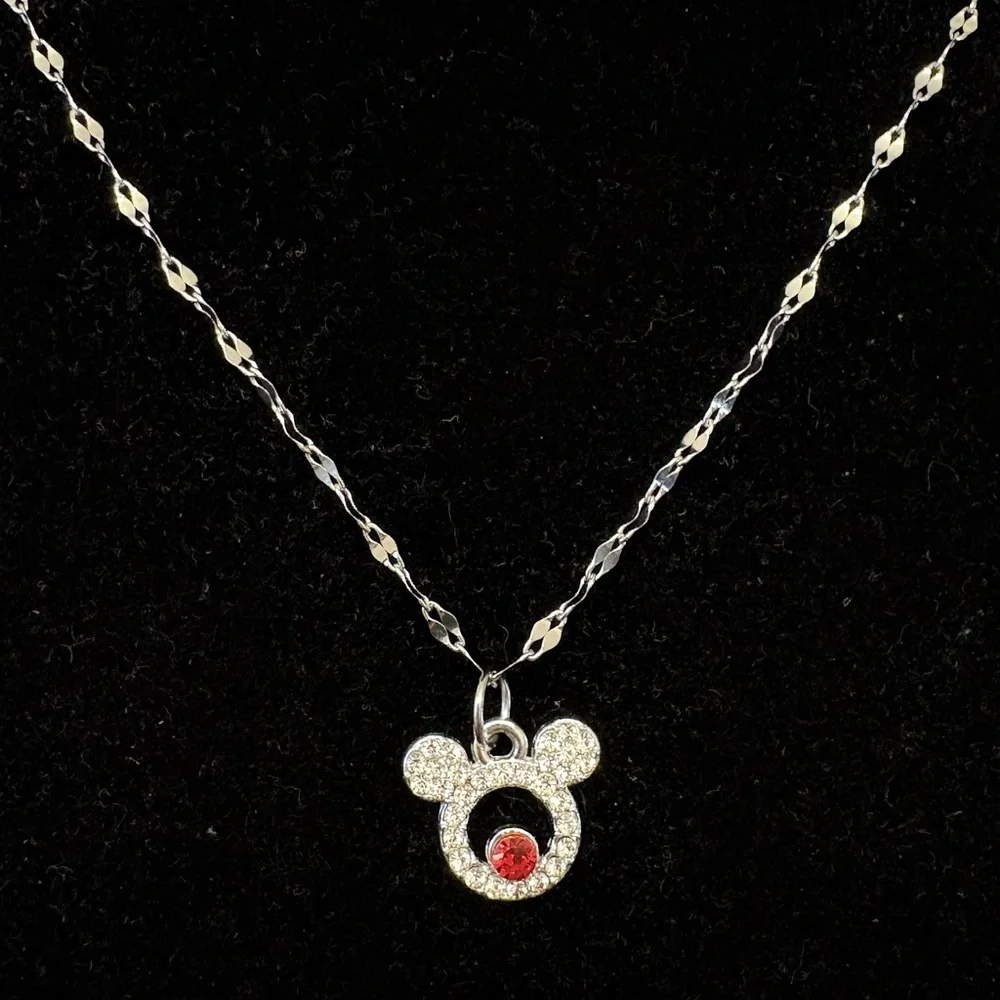 Rhinestone Minnie Mouse w/ruby red birthstone charm necklace